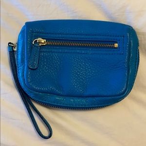 Blue leather wristlet